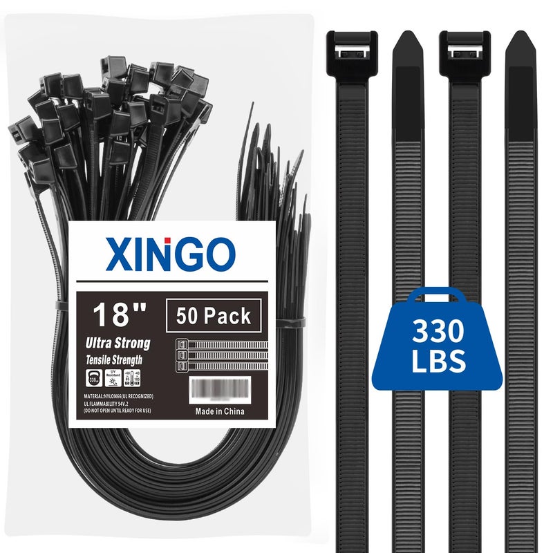 XINGO ربطات كابلات سوداء شديدة التحمل من زينجو، 18 بوصة، عبوة من 50 ربطة، قوة تحمل تصل إلى 330 رطلاً، ربطات أسلاك بلاستيكية فائقة القوة، ربطات كابلات كبيرة وطويلة جدًا للاستخدام الداخلي والخارجي - Image 1